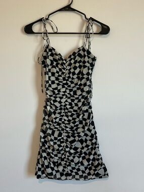 Bailey Rose Retro checkered Black and White Ruched Tie-Strap Mini Dress Small